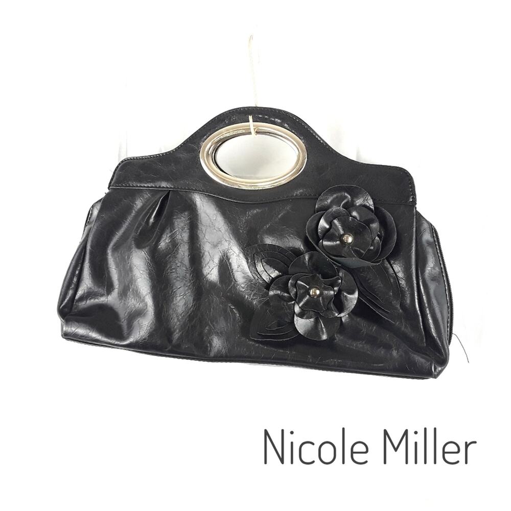 NICOLE MILLER Black Faux Leather Clutch Purse w/ Flowers Embellished Vegan Y2K